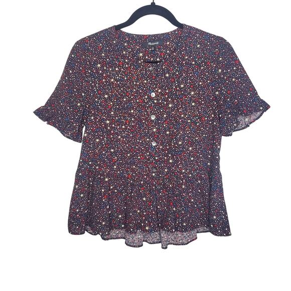 Madewell Studio Ruffle-Hem Top in Starry Night Black Star Print XXS 100% Cotton - Picture 3 of 16